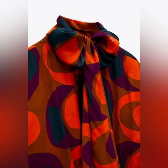 ZARA PRINT MIDI DRESS HIGH COLLAR SELF TIE - Picture 5 of 7